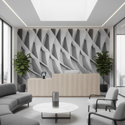 Fototapet geometric alb-negru cu forme arhitecturale complexe într-un spațiu modern cu recepție.