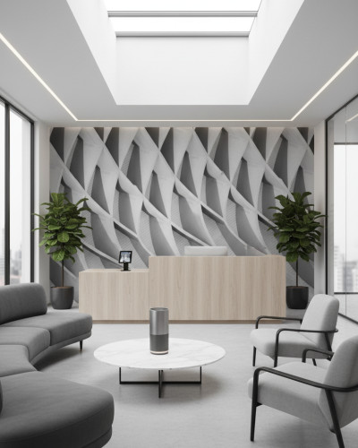 Fototapet geometric alb-negru cu forme arhitecturale complexe într-un spațiu modern cu recepție.