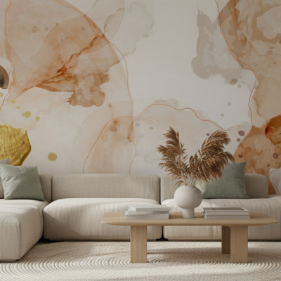 Fototapet cu design abstract în tonuri de pământ și accente verzi și aurii, aplicat pe un perete de living