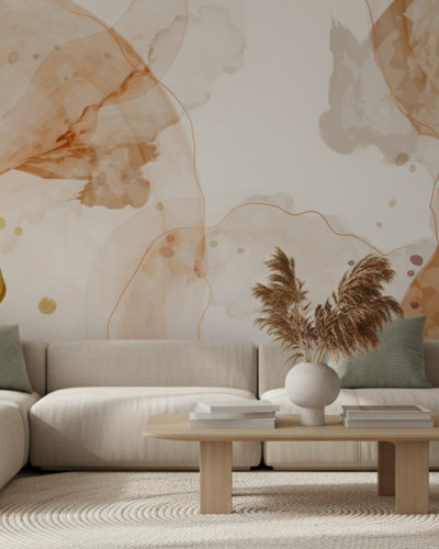 Fototapet cu design abstract în tonuri de pământ și accente verzi și aurii, aplicat pe un perete de living