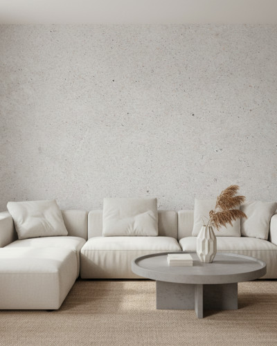 Tapet cu textura de beton într-un living modern, cu o canapea albă și plante verzi