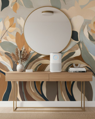 Fototapet cu un design floral abstract în nuanțe de bej, maro și albastru-verzui, integrat într-un hol modern.