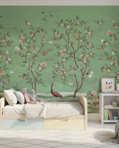 Fototapet cu un pom de lămâi plin de flori și fructe, păsări și fluturi pe un fond verde, în stil Chinoiserie