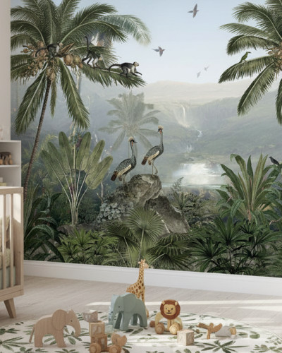 Fototapet cu maimuțe într-o pădure tropicală luxuriantă, ideal pentru camera copilului.