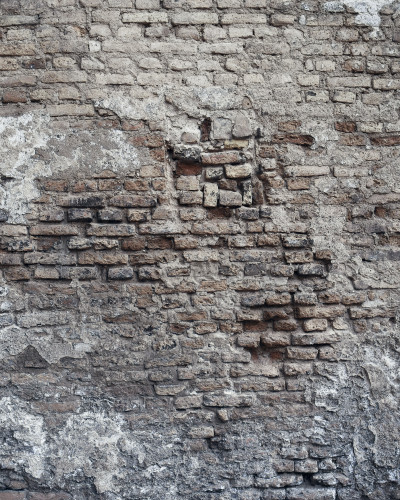 Intrare modernă cu fototapet personalizat 'Aged Brick Story' pe un perete, prezentând cărămidă veche patinată. Oglindă rotundă iluminată, consolă neagră, covor de iută și decorațiuni cu iarbă de pampas completează decorul industrial chic.