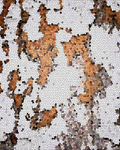 Fototapet abstract cu textură de fragmente în nuanțe de cupru și alb, montat într-un restaurant modern cu scaune turcoaz și masă din lemn.