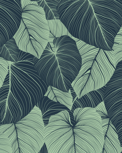 Imagine cu un perete acoperit cu fototapet Gilded Tropic Canopy - personalizat, ce prezintă un model cu frunze tropicale mari în nuanțe de verde mentă și teal, într-o zonă de recepție modernă cu birou alb și scaune gri.