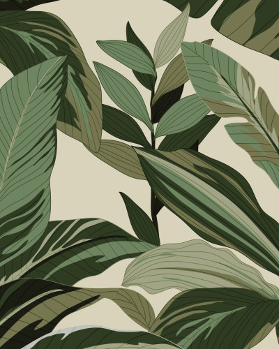 Fototapet personalizat Gilded Canopy Whispers, cu design de frunze tropicale verzi pe un fundal bej deschis, montat pe peretele unei recepții moderne.