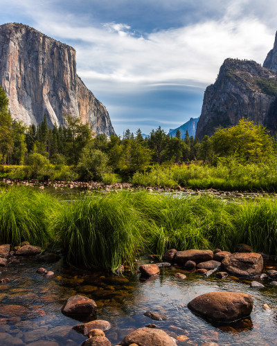 Fototapet personalizat cu peisaj montan Yosemite Valley, arătând munți, o vale verde luxuriantă, un râu cristalin și vegetație bogată, aplicat într-un dormitor modern cu pat și noptiere din lemn.