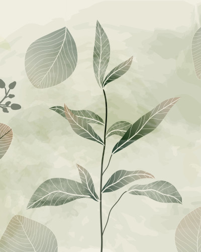 Fototapet personalizat Verdant Tropic Canopy cu design de frunze verzi stilizate pe un perete de dormitor modern, cu pat dublu și oglindă, creând o atmosferă calmă și naturală.