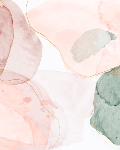 Dormitor modern amenajat cu tapet abstract personalizat Earth Brush Gold, cu pete mari de culoare în nuanțe de roz pal și verde mentă, conturate de linii aurii. Patul dublu cu lenjerie bej și noptiere din lemn completează ambientul relaxant.