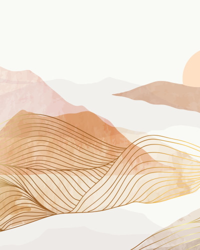 Dormitor modern decorat cu fototapet personalizat Golden Horizon Peaks, prezentând munți abstracti în nuanțe de teracotă și auriu, un pat bej și noptiere din lemn.
