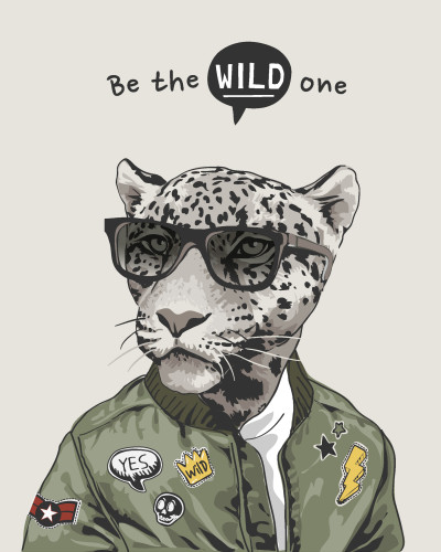 Fototapet personalizat Savage Chic Leopard într-o cameră modernă de tineret, cu un leopard cool cu ochelari de soare și mesajul 