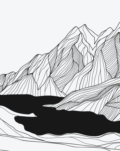 Fototapet Line Art Horizon personalizat, un peisaj minimalist alb-negru cu munți și soare/lună, într-un dormitor modern cu pat gri.