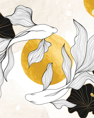 Fototapet personalizat Golden Betta Lotus Bloom într-un dormitor modern, cu un pește Betta stilizat, flori de lotus negre și accente aurii pe un fundal alb-bej.