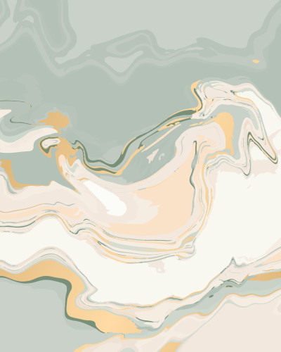 Fototapet Gilded Marble Aura personalizat într-un birou modern cu accente de verde mentă, crem și auriu, simulând marmura abstractă.