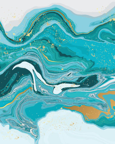 Fototapet abstract Indigo Gold Flow cu valuri de turcoaz, alb și auriu, decorând un perete într-un birou modern cu mobilier din lemn deschis și scaun negru.