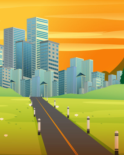Fototapet personalizat Golden City Ascent pe peretele unei camere de copii, ilustrând un oraș vesel cu zgârie-nori, câmpuri verzi, o șosea și un balon cu aer cald colorat, deasupra unui pat alb și a covoarelor albastre.