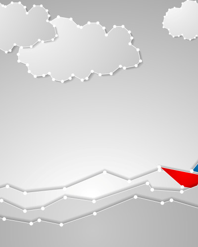 Tapet personalizat Vector Sail Blueprint într-o cameră modernă de bebeluși cu pătuț de lemn, covor albastru, nori stilizați, o barcă roșie și albastră și valuri grafice.