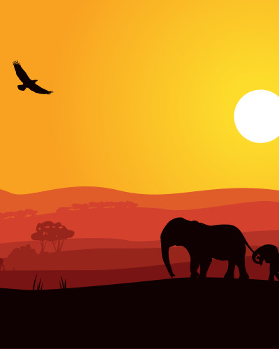 Fototapet personalizat cu siluete de elefanți, girafe și copaci pe fundalul unui apus african portocaliu-roșu, într-un living modern cu canapea gri și fotolii bej.