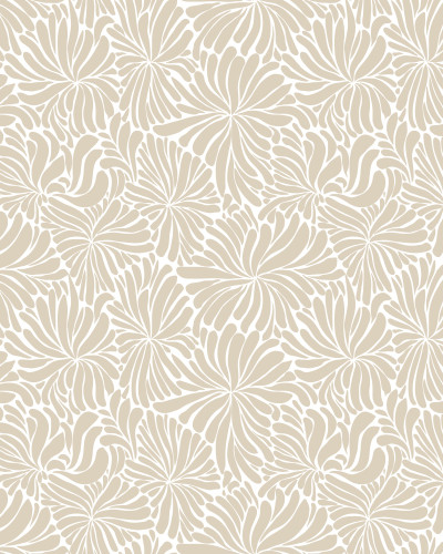 Tapet floral monocrom bej, cu model discret de frunze sau petale, decorând un living modern cu canapea albă, covor rotund din iută și lampadar.