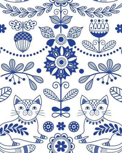 Tapet personalizat Nordic Feline Bloom în hol, cu model albastru de pisici, flori și motive scandinave, etajeră lemn și oglindă rotundă.