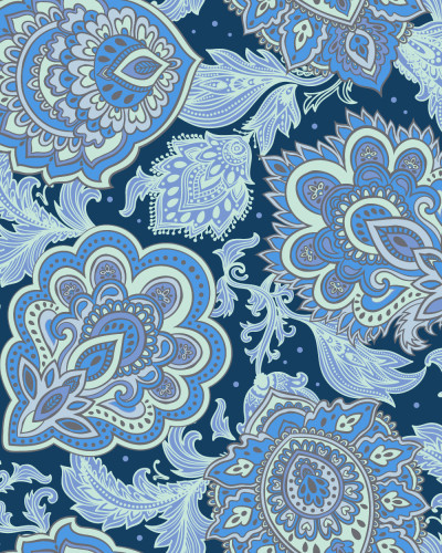 Hol modern cu tapet albastru cu model floral tip mandala, o oglindă rotundă, consolă din lemn și covor de iută.