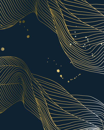 Fototapet abstract Gilded Abstract Flow personalizat cu linii aurii ondulate și cercuri pe fundal albastru închis într-un dormitor modern cu pat, noptiere și plantă. Design luxos.