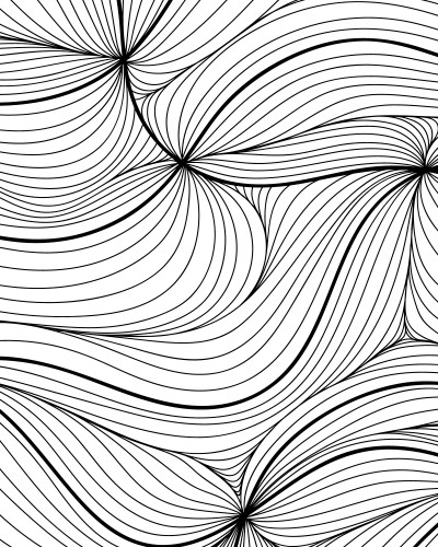 Fototapet personalizat cu design abstract, linii negre ondulate pe fond alb, decorând un perete într-un dormitor modern cu pat matrimonial, noptiere din lemn și accente neutre.