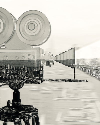 Fototapet personalizat cu un proiector de film vintage care proiectează un peisaj urban monocrom într-un dormitor modern, cu pat și noptiere din lemn deschis la culoare.