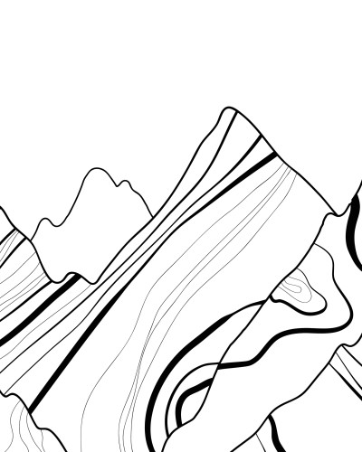 Fototapet personalizat Silent Peaks Sketch cu design abstract de munți alb-negru, montat într-un dormitor modern cu pat și mobilier din lemn.