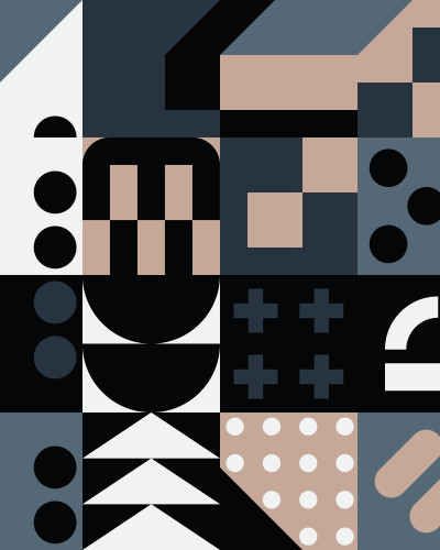 Dormitor modern cu pat matrimonial și perete accent decorat cu tapet personalizat Spring Mosaic Bloom, cu model geometric tip mozaic în nuanțe de gri, negru și bej.