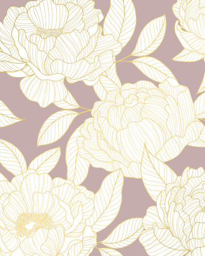 Recepție modernă cu tapet floral Peony Sphere Vintage Bloom, cu bujori stilizați aurii pe fundal roz pudrat, mobilier alb și scaune gri.
