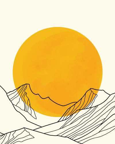 Dormitor modern cu fototapet personalizat Golden Horizon Peaks: munți stilizați și soare auriu pe perete. Include pat din lemn, noptiere, lămpi și decor minimalist.