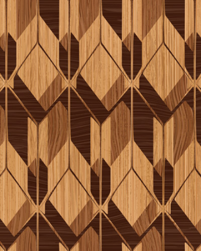 Tapet cu model geometric inspirat din lemn, cu iluzie de adâncime, personalizat, decorând un perete într-o zonă de dining elegantă cu mașină de cafea.