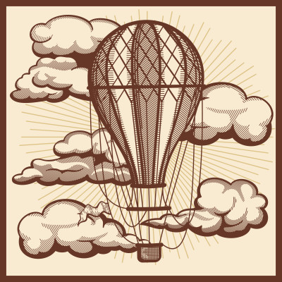 Fototapet personalizat cu balon cu aer cald vintage în culori maro și bej, decorând un perete într-o sală de mese elegantă, cu mobilier din lemn și scaune verzi din catifea.