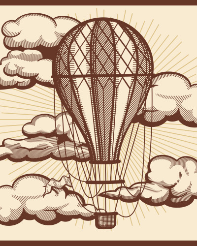 Fototapet personalizat cu balon cu aer cald vintage în culori maro și bej, decorând un perete într-o sală de mese elegantă, cu mobilier din lemn și scaune verzi din catifea.