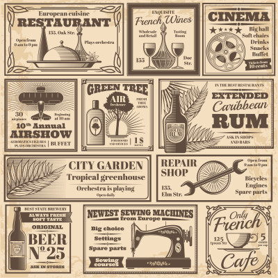 Tapet personalizat cu model vintage, stil ziar vechi, afișând reclame alb-negru la restaurante, vinuri și cinema, într-un interior de bistro modern cu masă și scaune.