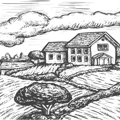 Customised Farmland Engraving Sketch photo wallpaper, illustrating a monochrome rural landscape with a farm and hills, decorating a wall in an elegant restaurant.