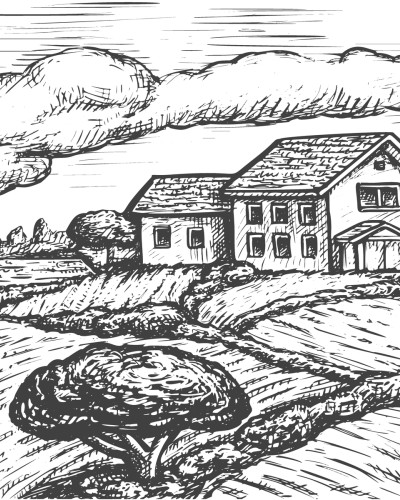 Fototapet personalizat Farmland Engraving Sketch, ilustrând un peisaj rural monocrom cu o fermă și dealuri, decorând un perete într-un restaurant elegant.