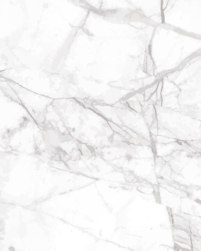 Dormitor modern luminos cu perete accent decorat cu fototapet Opulent Marble Veins cu vene de marmură alb-gri. Pat matrimonial gri, noptieră din lemn și lampă de masă.