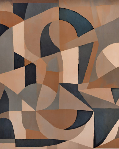 Tapet cu un design abstract geometric în nuanțe de bej, maro și albastru închis, instalat pe peretele unui birou.