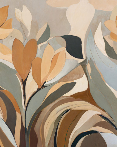 Fototapet cu un design floral abstract în nuanțe de bej, maro și albastru-verzui, integrat într-un hol modern.