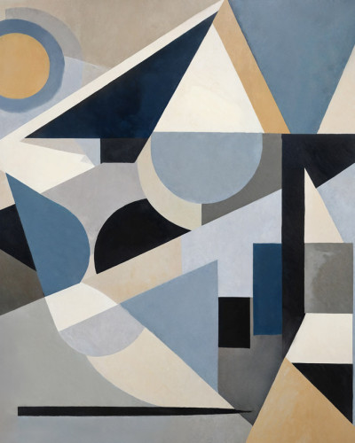 Fototapet cu design geometric abstract în culori albastru, gri și bej, montat pe peretele din spatele unui pat matrimonial.