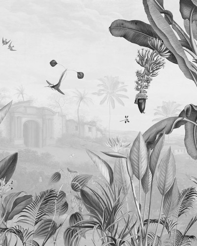 Fototapet cu junglă tropicală, plante, păsări și animale, în nuanțe de gri, într-o cameră de copii.