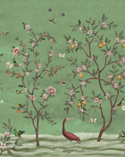 Fototapet cu un pom de lămâi plin de flori și fructe, păsări și fluturi pe un fond verde, în stil Chinoiserie
