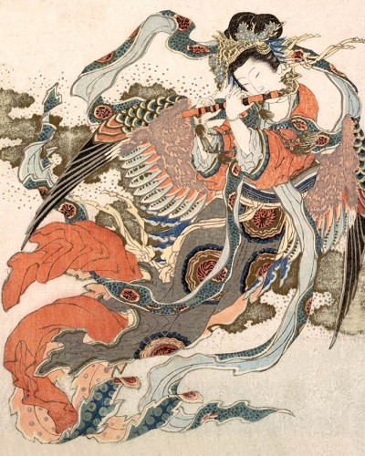 Fototapet cu o figură angelică asiatică într-un dans fluid, cu elemente tradiționale și culori vibrante, într-o cameră de copil.